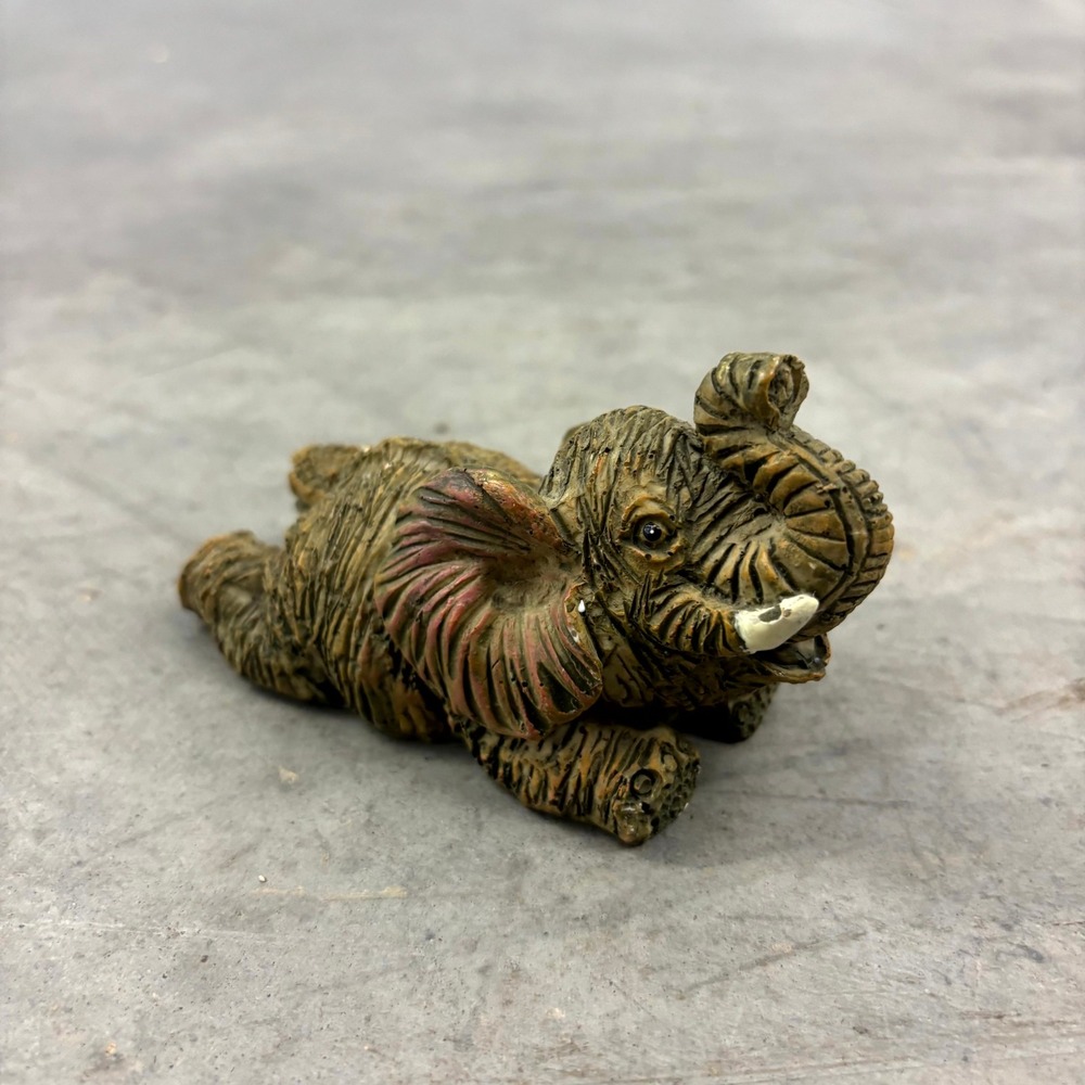 Vintage Textured Resin Reclining Elephant Figurine Trunk Up Good Luck Decor